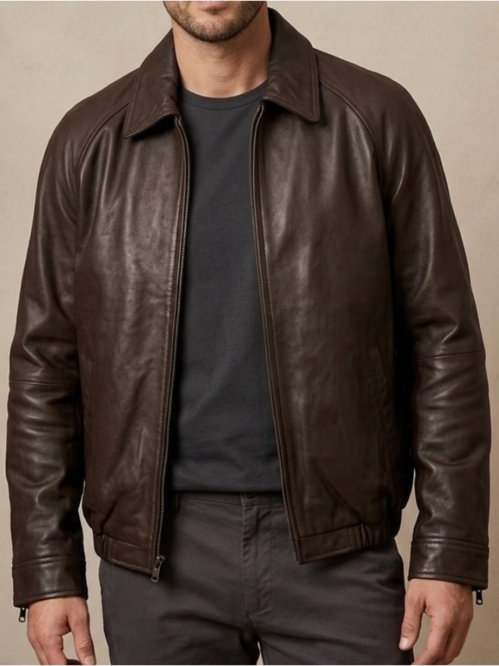 Colebrook-VNTG 90s Rich Brown Leather Bomber Jacket Men's Sz M Lined Zip-up